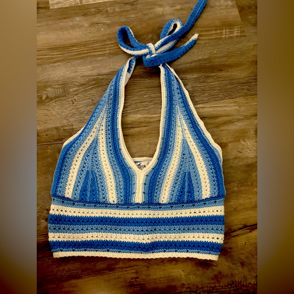 Hollister Blue and Cream Knit Halter Top